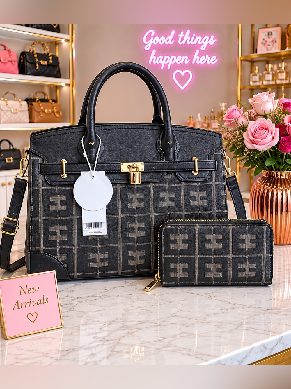 Black Signature Satchel Bag with Matching Wallet